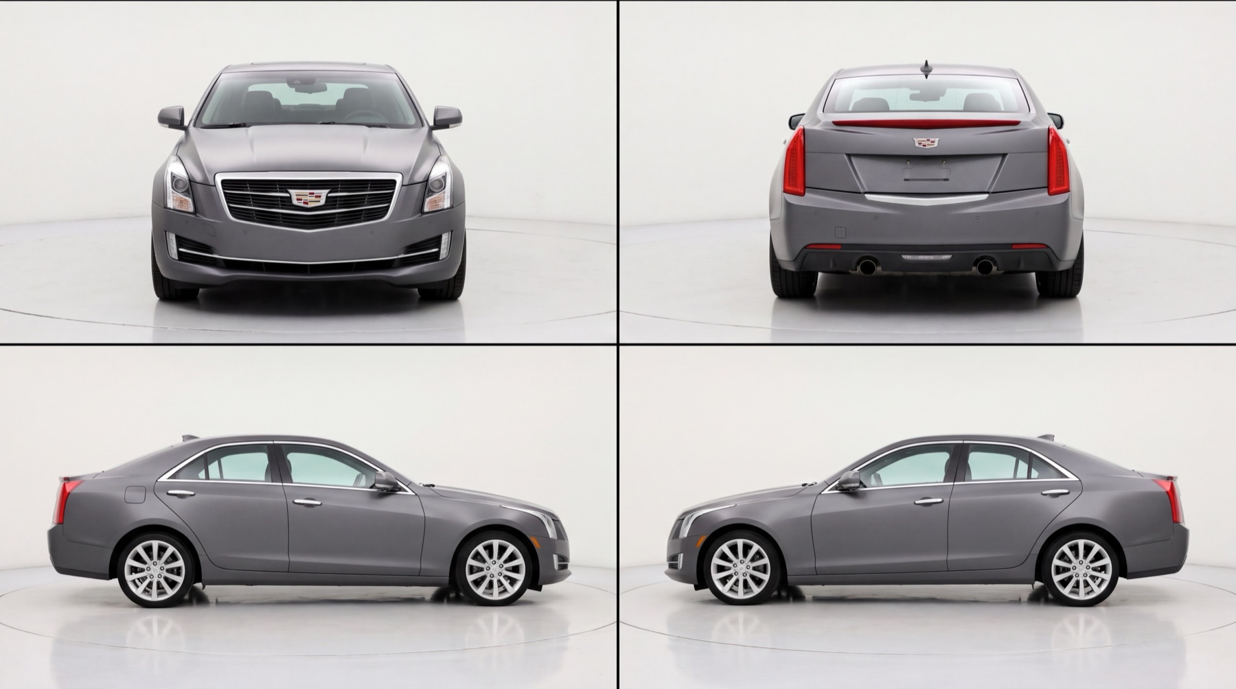Grey Cadillac ATS captured front, rear and both sides in a white studio