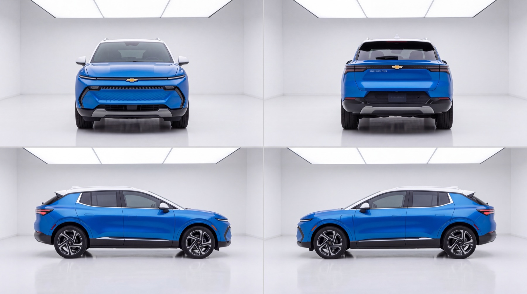 Blue Chevrolet Equinox EV, four angles