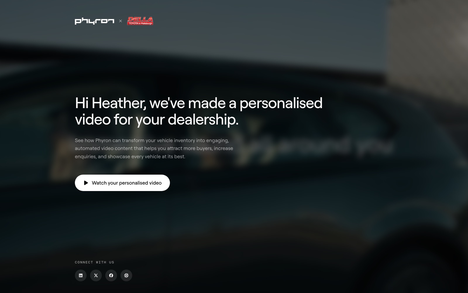 The personalised landing page built for Heather at DELLA Toyota